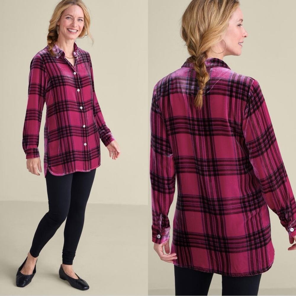 Soft Surroundings Maize Plaid Velvet Tunic Pink Silk Blend Women's Size M